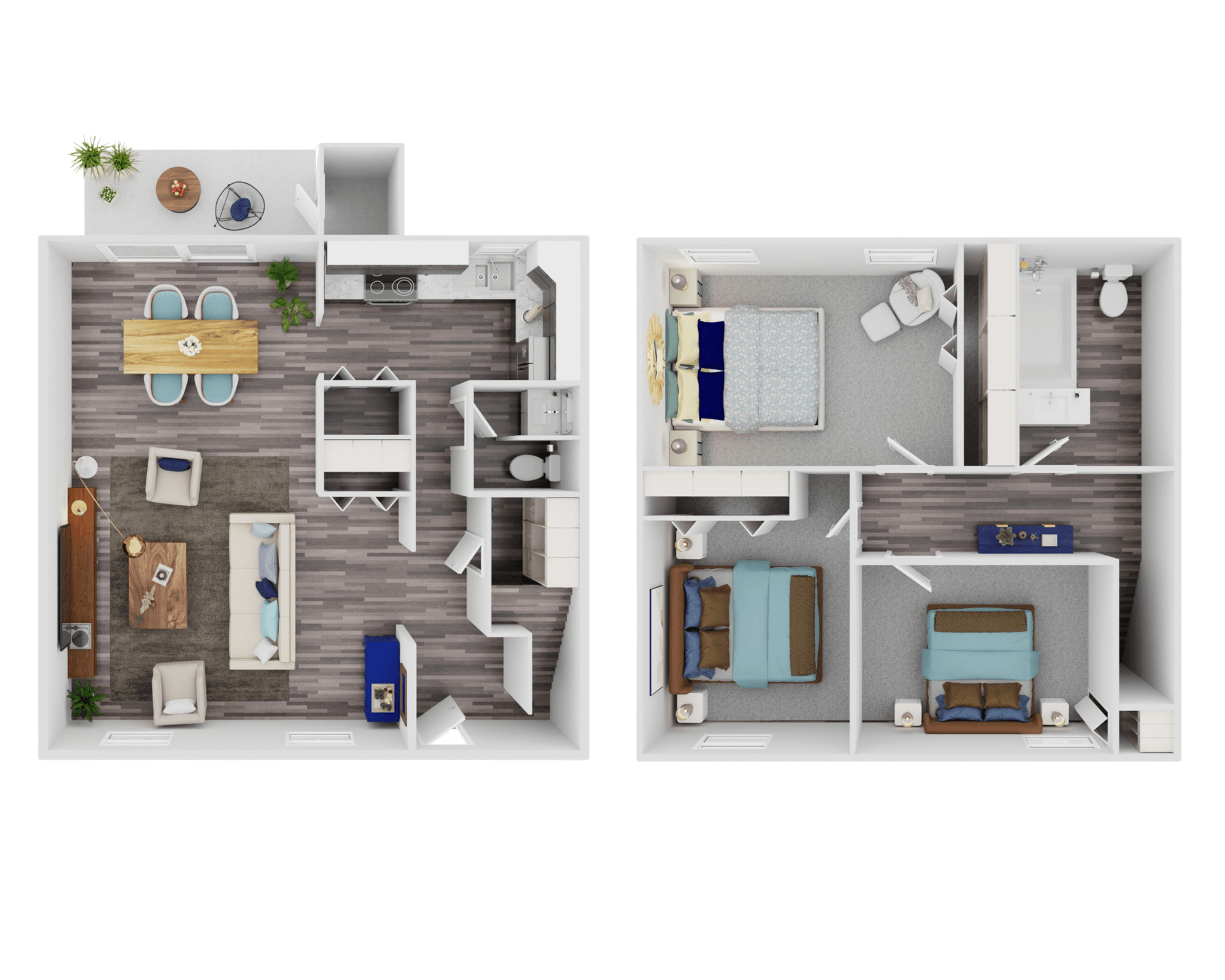 A floor plan of a two-bedroom apartment with a living room, kitchen, and bathroom.